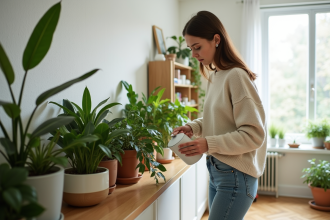Femme arrosant plantes d'intérieur dans un salon lumineux