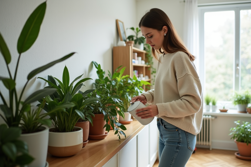 Femme arrosant plantes d'intérieur dans un salon lumineux