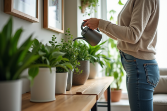 Femme arrosant des plantes d'intérieur dans un salon lumineux