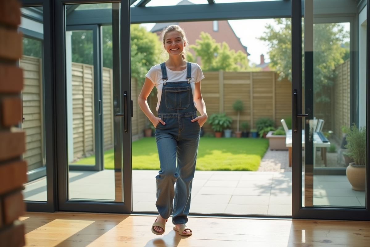 Jeune femme souriante ferme porte-fenêtre dans extension