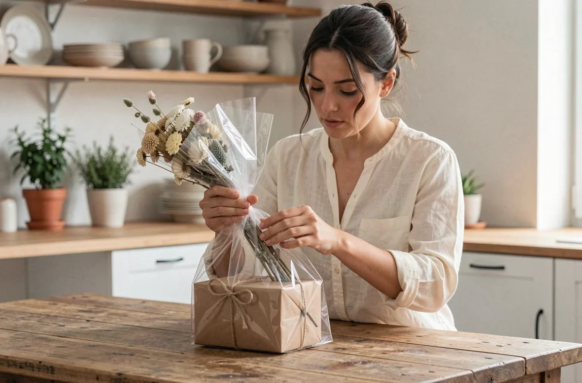 Femme préparant un sac cadeau transparent style cellophane avec fleurs séchées et boîte kraft sur une table en bois dans une cuisine scandinave