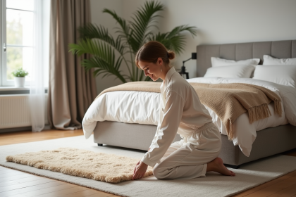 Femme souriante ajustant un tapis dans une chambre scandinave