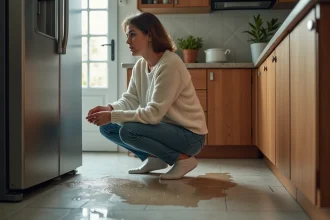 Femme examinant une fuite d'eau dans la cuisine moderne