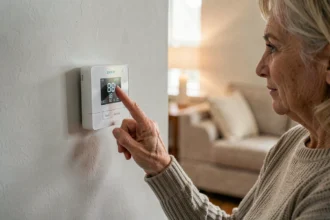 Femme ajustant un thermostat Daikin blanc sur un mur gris dans un salon moderne