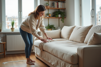 Jeune femme posant un couvre-sofa dans un salon lumineux