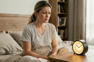 Femme en pyjama regardant perplexe un réveil lumineux dont l'heure est incorrecte sur sa table de chevet