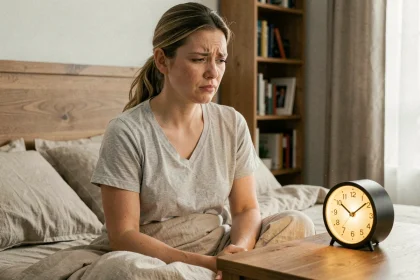Femme en pyjama regardant perplexe un réveil lumineux dont l'heure est incorrecte sur sa table de chevet