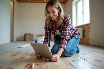 Femme en jeans et chemise à carreaux examine une tablette au sol