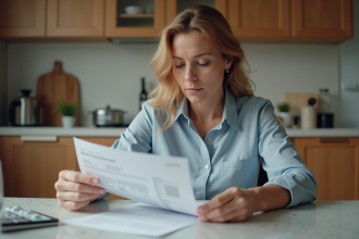 Femme examine une facture d énergie dans une cuisine moderne