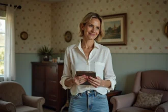 Femme souriante dans un salon ancien et usé