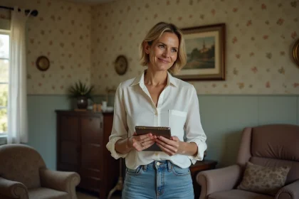 Femme souriante dans un salon ancien et usé