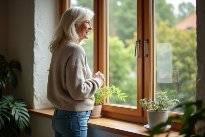 Femme souriante examinant une fenêtre triple vitrage dans un salon lumineux