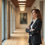 Femme d'âge moyen dans un couloir moderne examine des luminaires