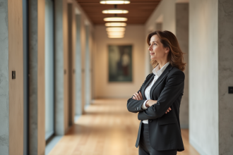 Femme d'âge moyen dans un couloir moderne examine des luminaires
