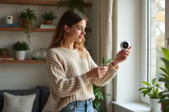 Femme regardant un thermostat connecté dans un salon moderne