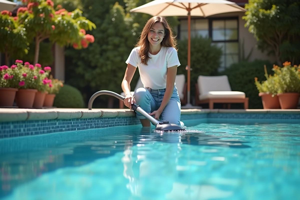 Jeune femme utilisant un aspirateur de piscine dans un jardin ensoleille