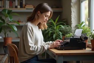 Femme examinant une machine à écrire vintage dans un intérieur cosy