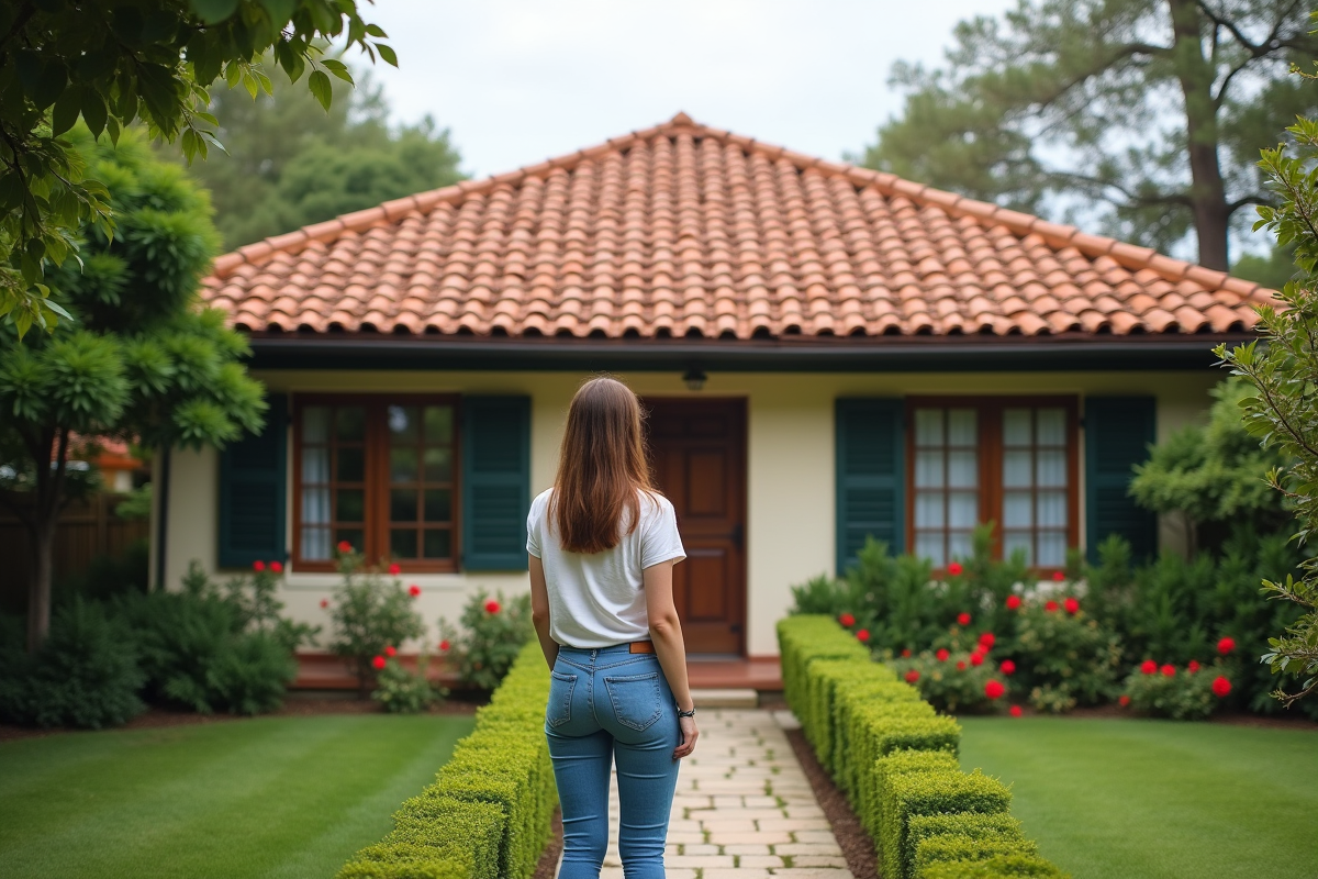 Jeune femme admirant le toit en tuiles romaines rénové