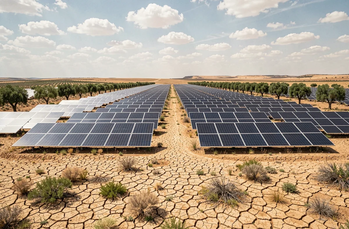 Ferme solaire au sol dans la plaine aride de Castille en Espagne avec rangées de panneaux photovoltaïques