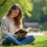Jeune femme lisant dans un parc verdoyant