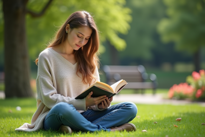 Jeune femme lisant dans un parc verdoyant