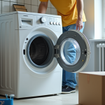 Personne fixant le tambour d'un lave-linge avec des boulons de transport