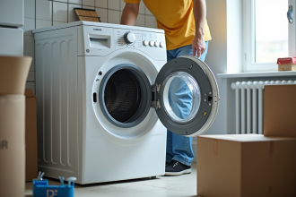 Personne fixant le tambour d'un lave-linge avec des boulons de transport