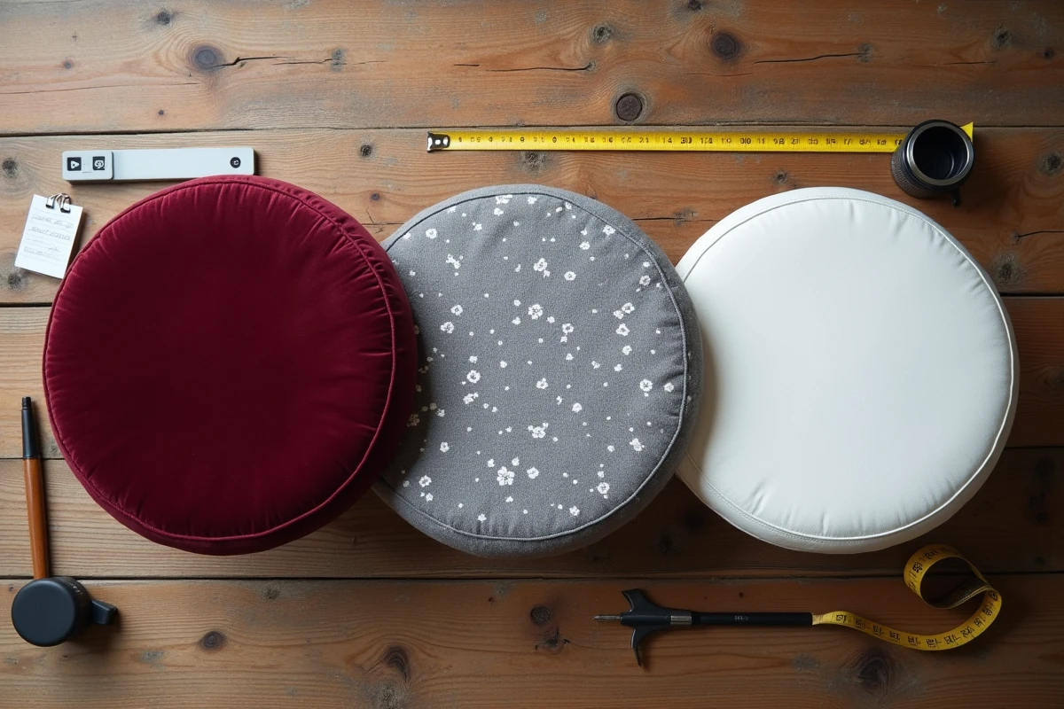 Flat-lay de trois housses de tabouret de bar en velours, coton et similicuir avec mètre ruban et checklist sur table en bois rustique