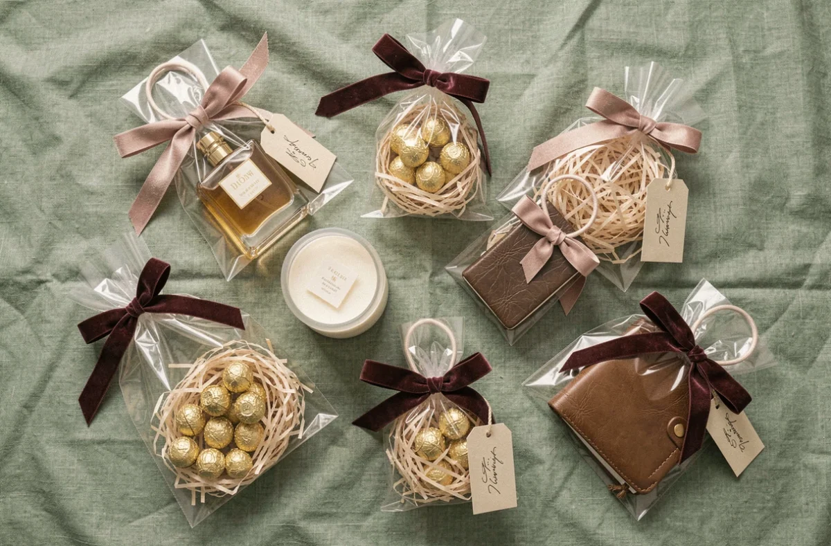 Flat-lay de plusieurs sacs cadeaux transparents de différentes tailles remplis d'articles premium sur un tissu de lin vert sauge avec des rubans en velours