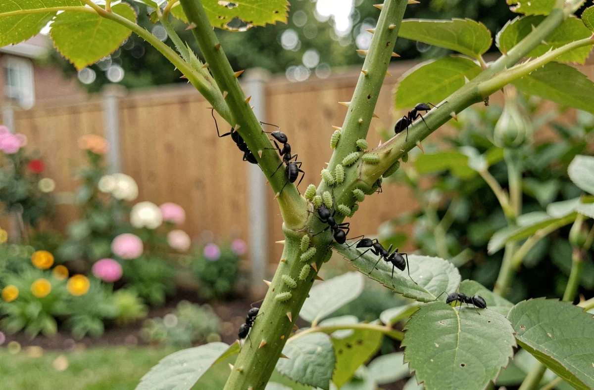 Fourmis noires tendant des pucerons sur une tige de rosier dans un jardin, comportement naturel d'insectes du jardin
