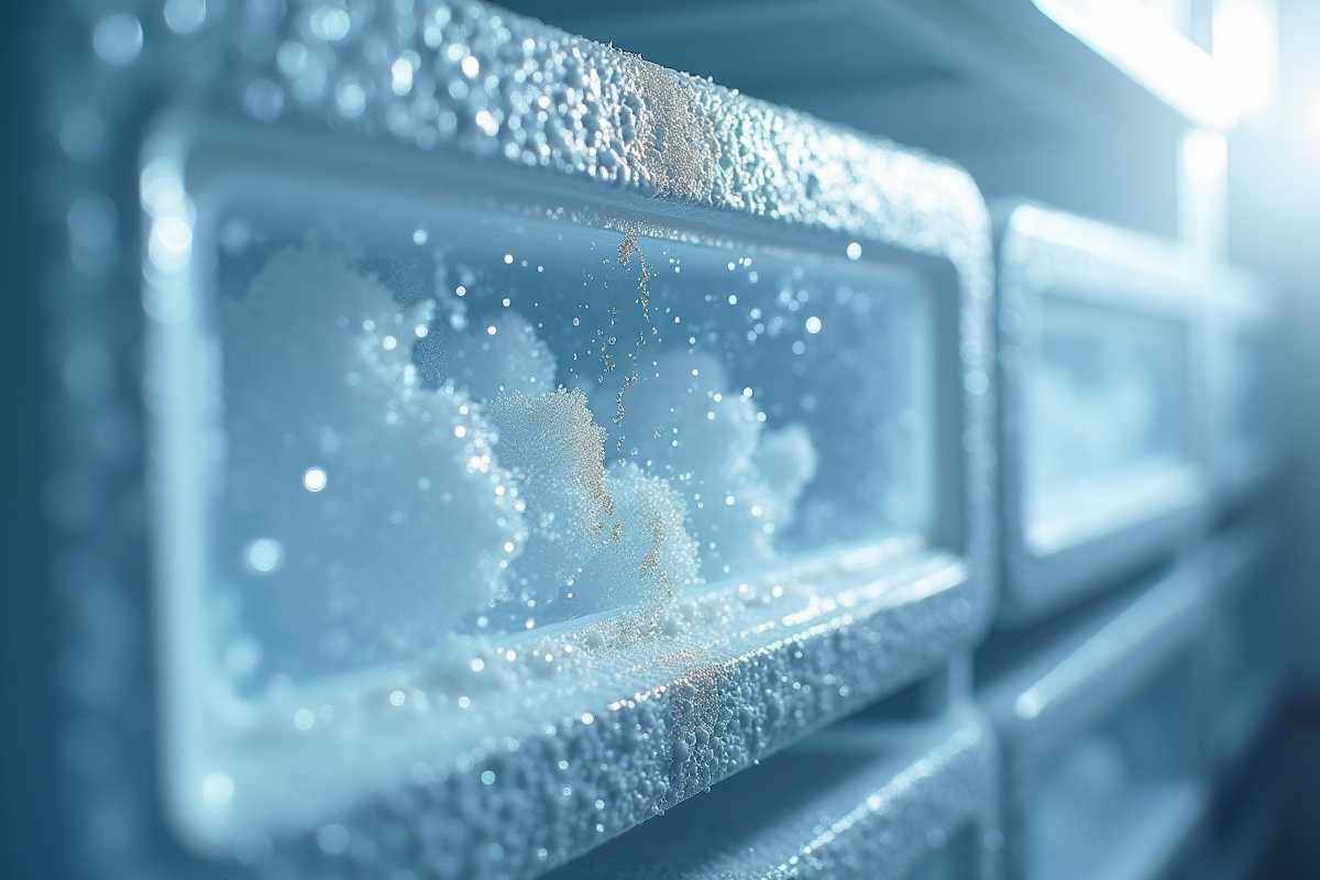Gros plan sur un compartiment glacé avec givre brillant