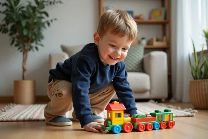 Enfant de 5 ans construit un train coloré dans un intérieur moderne