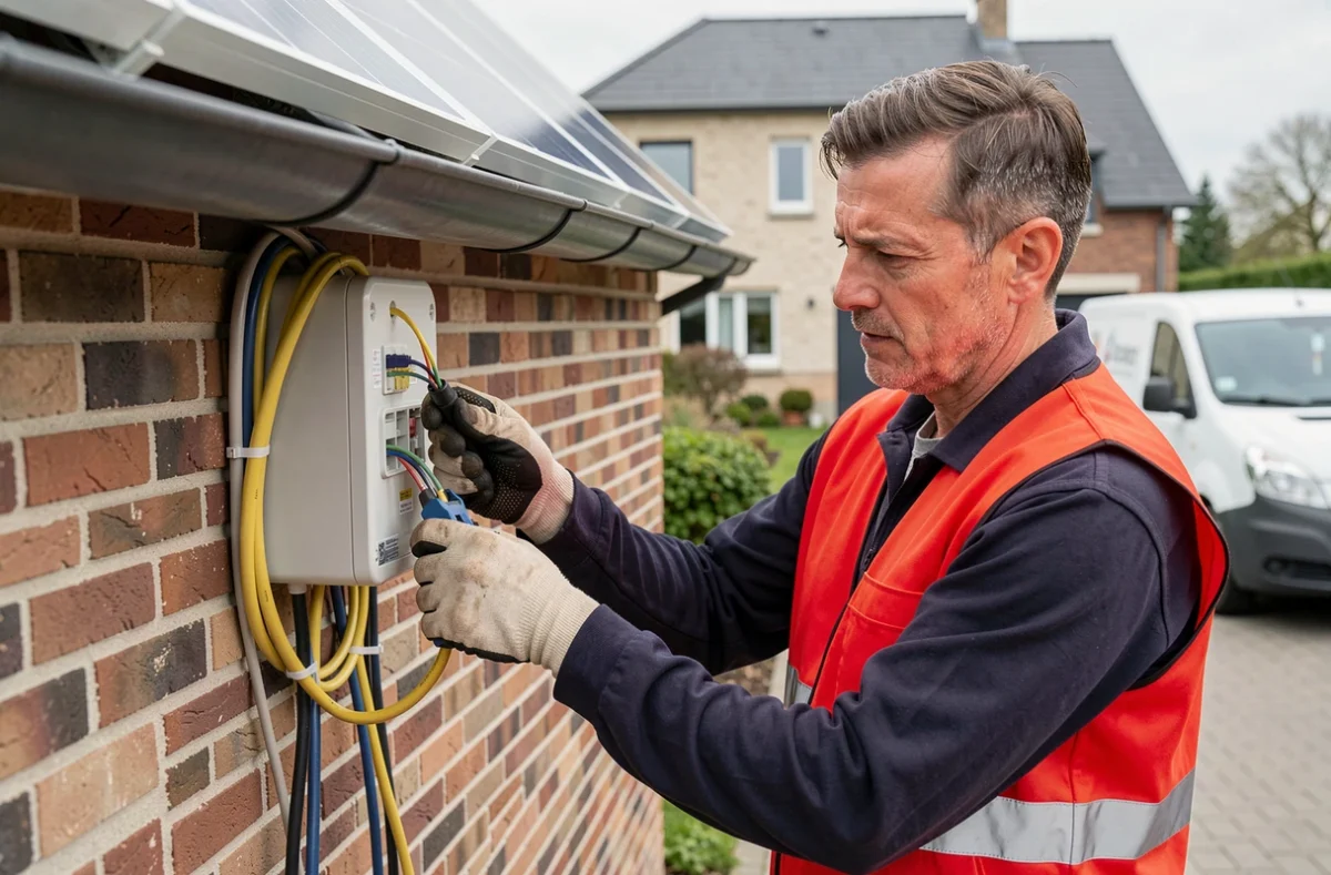 Installateur Gcablé réalisant le câblage électrique d'une installation solaire en Pays de la Loire