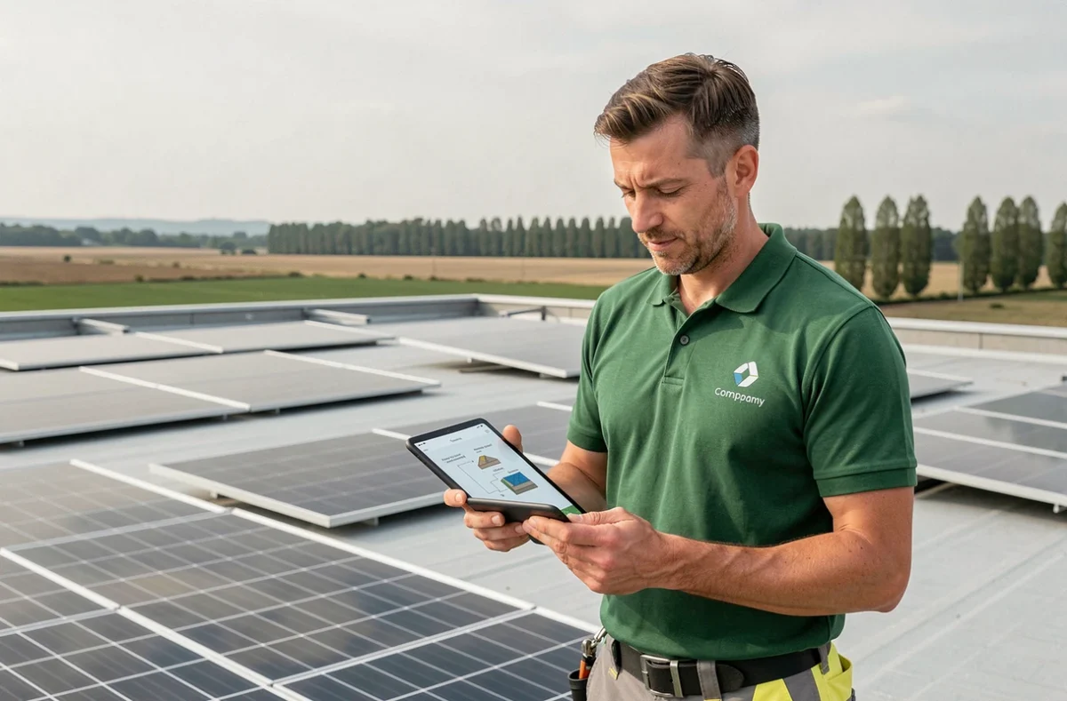 Installateur Go Solar inspectant une installation photovoltaïque sur toit plat à Saint-Georges-sur-Loire
