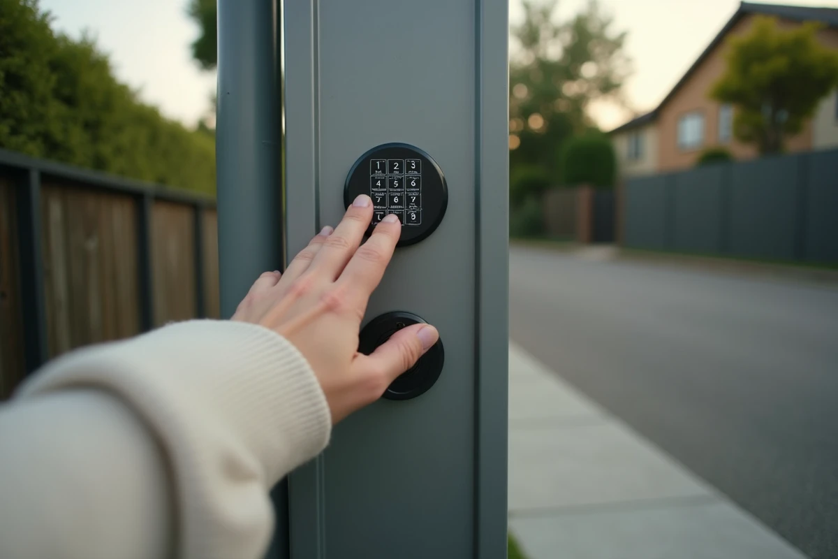 Gros plan d'une main composant un code sur un digicode neuf installé sur un pilier de portail en aluminium rénové