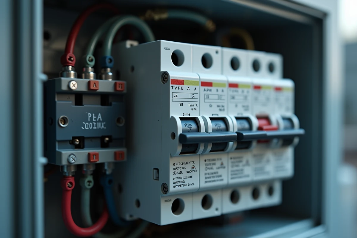 Gros plan sur deux disjoncteurs type A et type AC côte à côte dans un coffret électrique ouvert