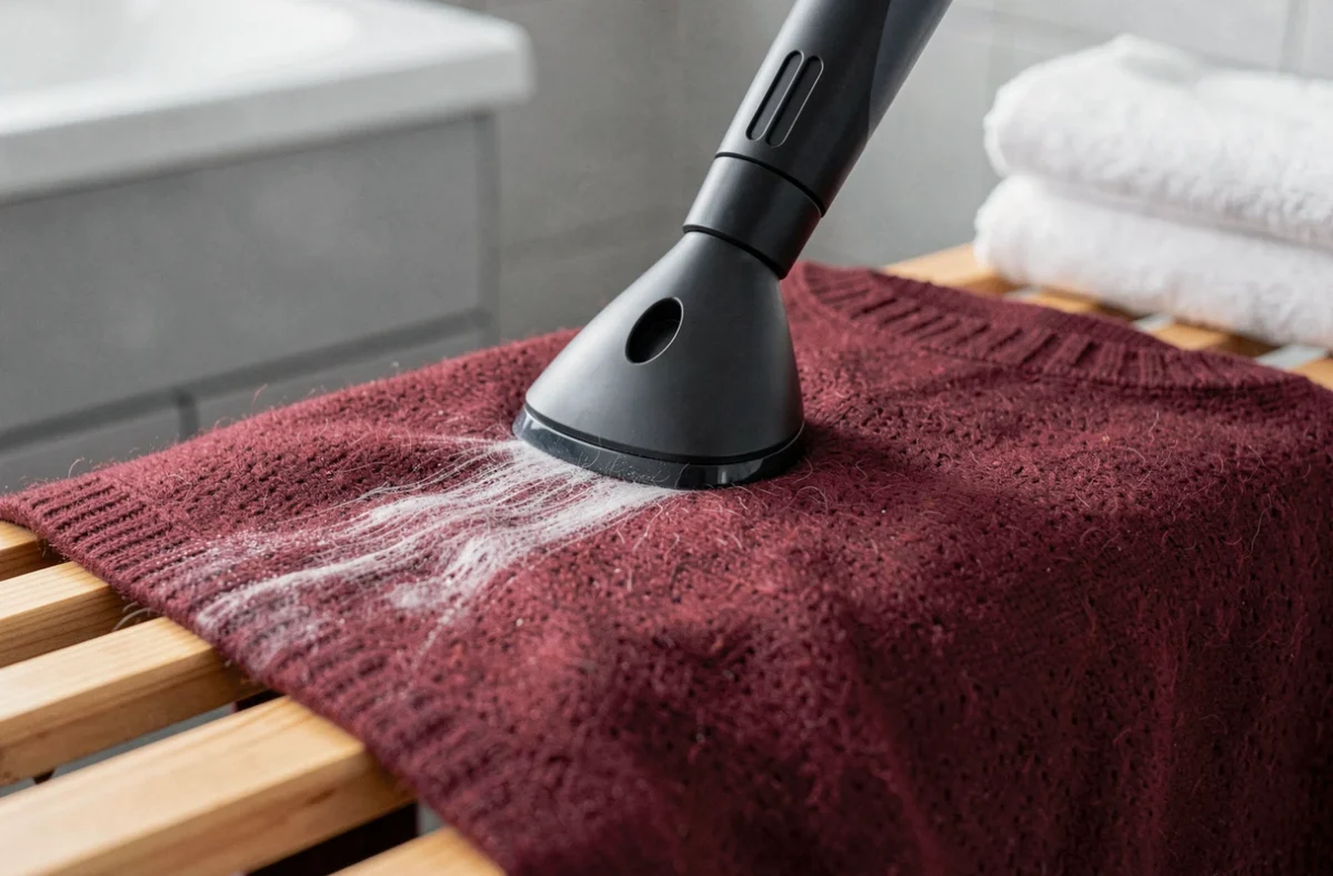 Gros plan d'une shampouineuse nettoyant un pull en cachemire bordeaux, démontrant une alternative douce et efficace au pressing
