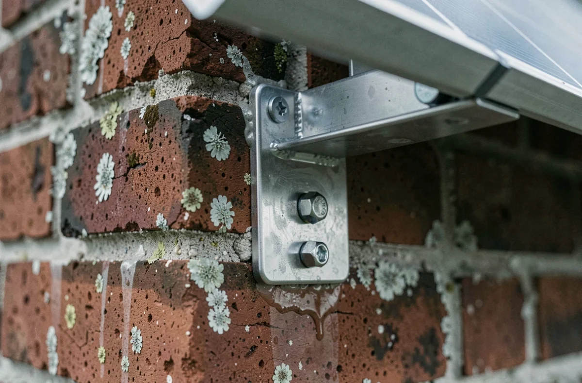 Gros plan sur un support de fixation en acier inoxydable vissé dans un mur en briques pour panneau solaire