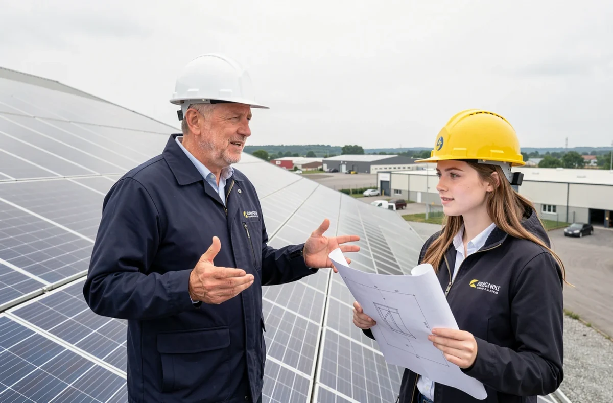 Chef de projet du Groupe Roy Énergie présentant une installation solaire industrielle au Mans en Sarthe