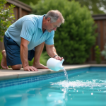 Homme d'âge moyen verse du floculant dans la piscine du jardin