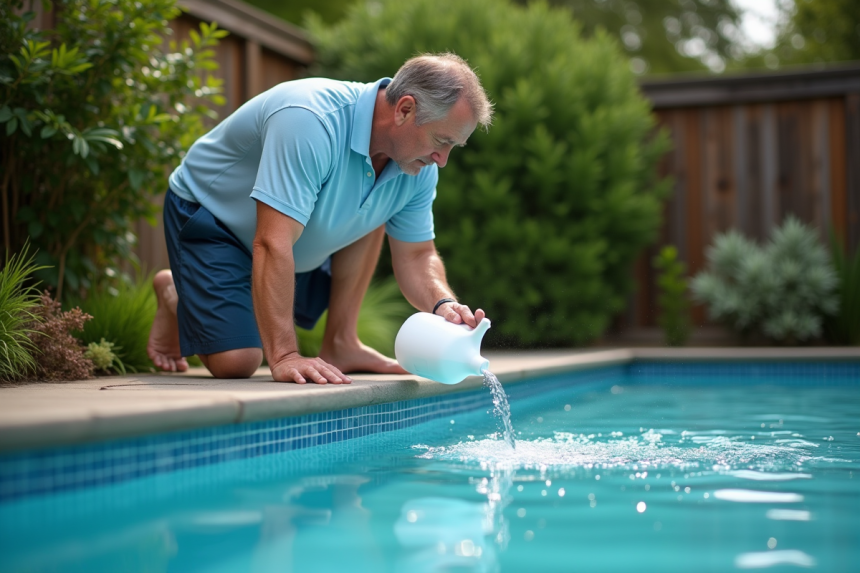 Homme d'âge moyen verse du floculant dans la piscine du jardin