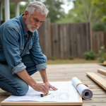 Homme moyenâgeux examine plans de deck en extérieur