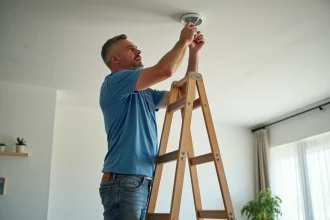Homme d'âge moyen changeant un spot encastrable au plafond