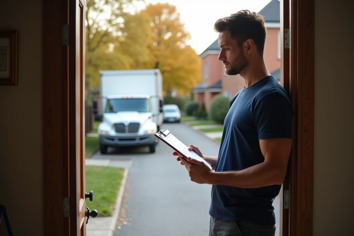 Homme consultant une checklist d'emménagement devant une maison avec camion de déménagement en arrière-plan