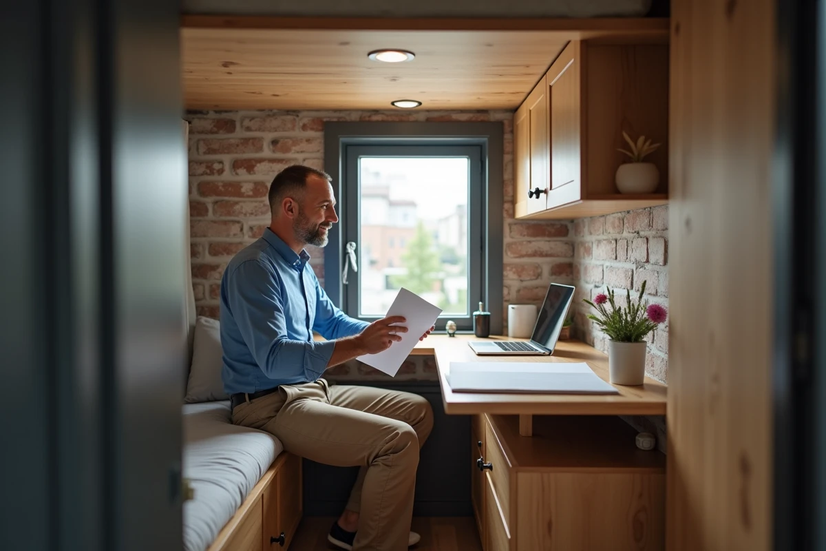Homme étudiant des plans de rénovation dans un studio urbain