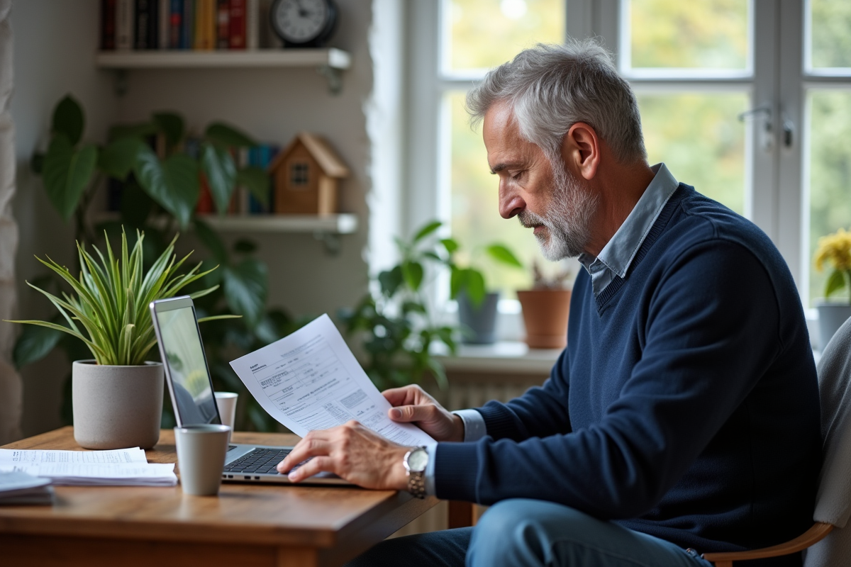 Homme compare des documents d évaluation énergétique à son bureau