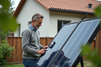 Homme vérifiant un panneau solaire thermique extérieur