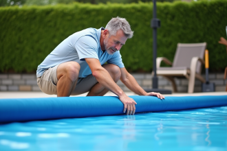 Homme d'âge moyen près de la piscine avec couverture solaire