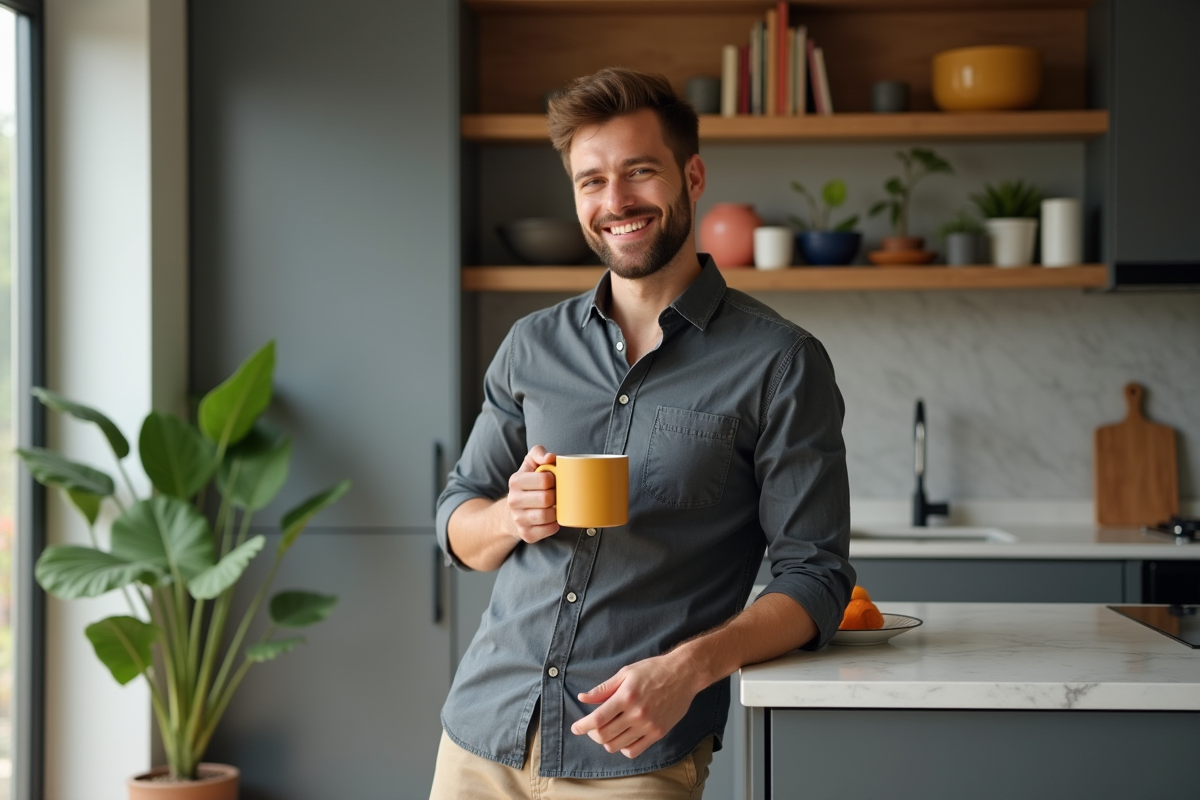 Jeune homme souriant tenant une tasse dans une cuisine moderne