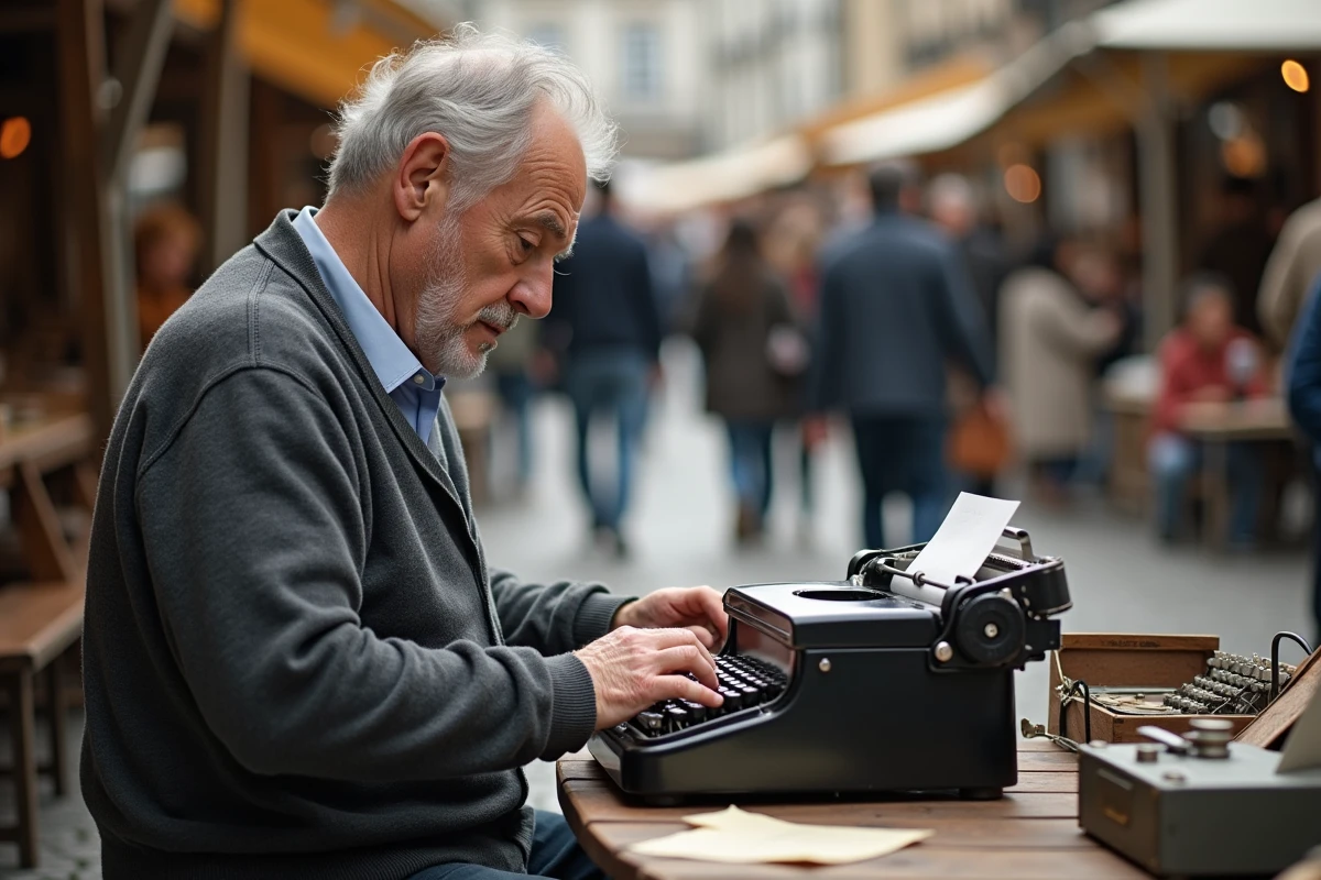 Homme testant une machine à écrire lors d
